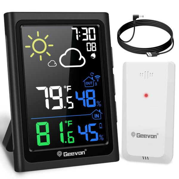 Geevon Indoor Outdoor Thermometer Wireless Weather Station with Color Display, Digital Hygrometer Temperature Humidity Monitor with Alarm Clock and Backlight