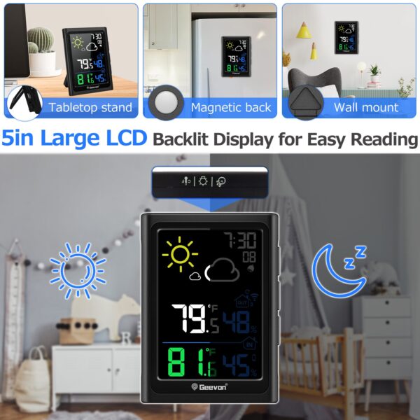 Geevon Indoor Outdoor Thermometer Wireless Weather Station with Color Display, Digital Hygrometer Temperature Humidity Monitor with Alarm Clock and Backlight