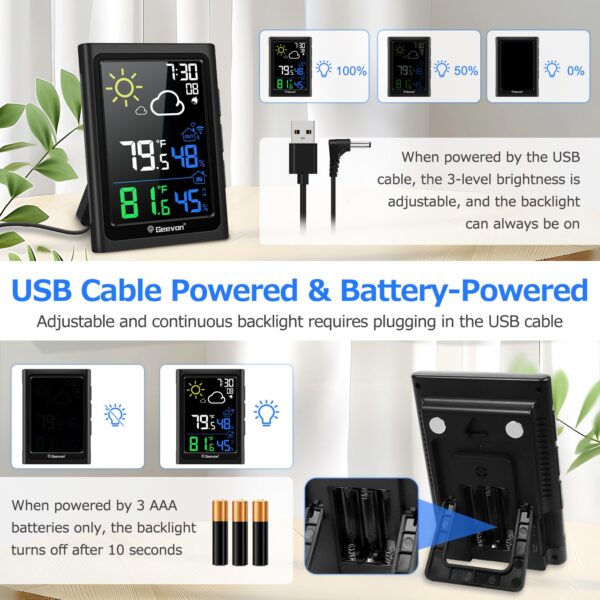Geevon Indoor Outdoor Thermometer Wireless Weather Station with Color Display, Digital Hygrometer Temperature Humidity Monitor with Alarm Clock and Backlight