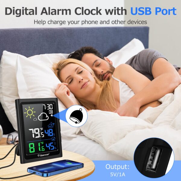 Geevon Indoor Outdoor Thermometer Wireless Weather Station with Color Display, Digital Hygrometer Temperature Humidity Monitor with Alarm Clock and Backlight