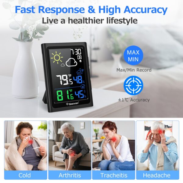 Geevon Indoor Outdoor Thermometer Wireless Weather Station with Color Display, Digital Hygrometer Temperature Humidity Monitor with Alarm Clock and Backlight